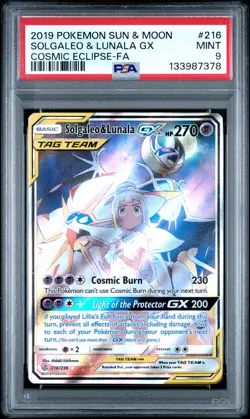 2019 POKEMON SUN & MOON COSMIC ECLIPSE #216 FULL ART/SOLGALEO & LUNALA GX PSA 9 - Image 1