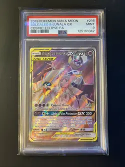 2019 Pokemon Sun & Moon Cosmic Eclipse #216 Full Art Solgaleo & Lunala GX PSA 9 - Image 1