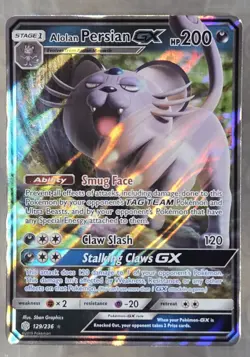 Alolan Persian GX 129/236 Cosmic Eclipse NM Ultra Rare Art Pokemon Card - Image 1