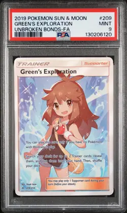 2019 POKEMON SUN & MOON UNBROKEN BONDS #209 FULL ART/GREEN'S EXPLORATION PSA 9 - Image 1