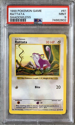 Pokemon Card Shadowless Rattata PSA 9 Mint, Base Set #61, WOTC 1999 - Image 1