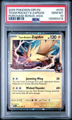 2025 POKEMON DESTINED RIVALS PURCHASE BONUS-ASIA#070 TEAM ROCKET'S ZAPDOS PSA 10 - Image 1