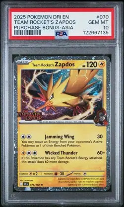 PSA 10 Team Rocket's Zapdos 070/182 Destined Rivals Asia Promo Stamped Pokemon - Image 1