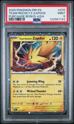PSA 9 Team Rocket's Zapdos 070/182 Destined Rivals Asia Promo Stamped Pokemon - Image 1