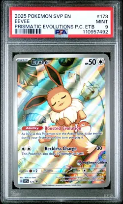 2025 POKEMON PRISMATIC EVOLUTIONS POKEMON CENTER ETB PROMO #173 EEVEE PSA 9 - Image 1