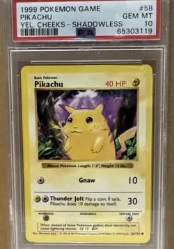 1999 Pokemon Base Set #58 Pikachu Yellow Cheeks Shadowless PSA 10 Gem Mint - Image 1
