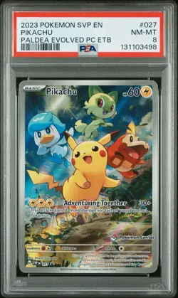 2023 POKEMON PALDEA EVOLVED POKEMON CENTER ETB PROMO #027 PIKACHU PSA 8 - Image 1