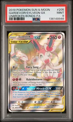 2019 POKEMON SUN & MOON UNBROKEN BONDS FULL ART/GARDEVOIR & SYLVEON GX 205 PSA 9 - Image 1