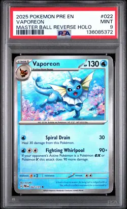 2025 POKEMON PRE EN-PRISMATIC EVOLUTIONS MASTER BALL REVERSE HOLO VAPOREON PSA 9 - Image 1