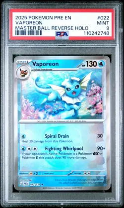 2025 POKEMON PRE EN-PRISMATIC EVOLUTIONS MASTER BALL REVERSE HOLO VAPOREON PSA 9 - Image 1