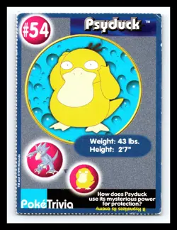 💥 Psyduck 1999 Pokemon Poketrivia Mewtwo Strikes Back Burger King Promo #54 - Image 1
