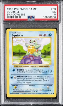 1999 POKEMON BASE SET SHADOWLESS #63 SQUIRTLE PSA 5 - Image 1
