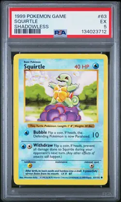1999 POKEMON BASE SET SHADOWLESS #63 SQUIRTLE PSA 5 - Image 1