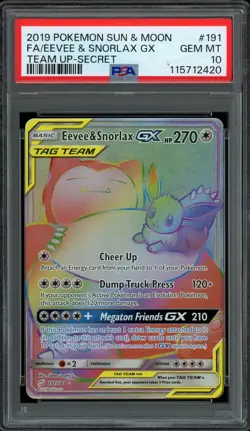 Pokemon PSA 10 Eevee & Snorlax GX 191/181 Sun & Moon Team Up Rainbow Rare Mint - Image 1