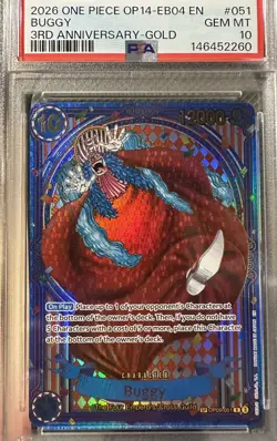*IN HAND* Buggy 3rd Anniversary-Gold Parallel OP09-051 SP One piece PSA 10 EN - Image 1