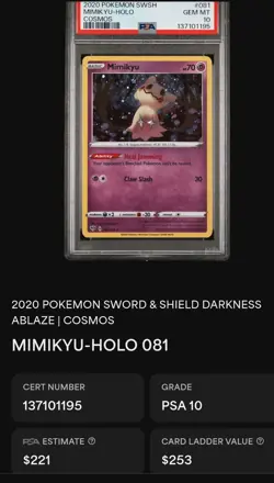 2020 Pokemon SWSH Mimikyu Mighty Mysterious Tin Cosmos Holo Promo #081 PSA 10 - Image 1
