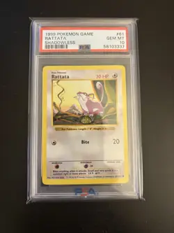 1999 POKEMON BASE SET SHADOWLESS #61 RATTATA PSA 10 - Image 1