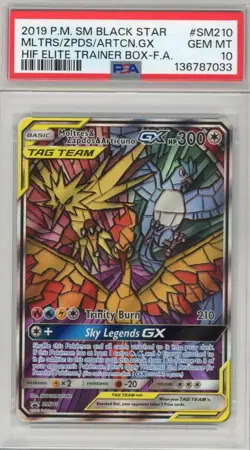 PSA GEM MINT 10 Moltres & Zapdos & Articuno GX SM210 Sm Holo - Image 1
