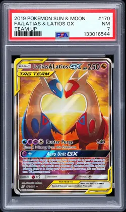 2019 POKEMON SUN & MOON TEAM UP #170 FULL ART/LATIAS & LATIOS GX PSA 7 - Image 1