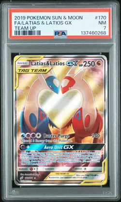 2019 POKEMON SUN & MOON TEAM UP #170 FULL ART/LATIAS & LATIOS GX PSA 7 - Image 1