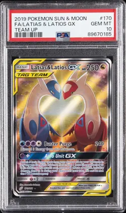 2019 POKEMON SUN & MOON TEAM UP #170 FULL ART/LATIAS & LATIOS GX PSA 10 - Image 1