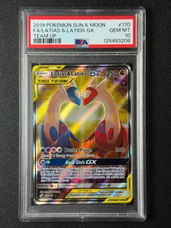 FULL ART FA LATIAS & LATIOS GX TEAM UP PSA 10 2019 POKEMON SUN & MOON #170 GEM - Image 1