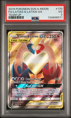 2019 POKEMON SUN & MOON TEAM UP #170 FULL ART/LATIAS & LATIOS GX PSA 3 - Image 1