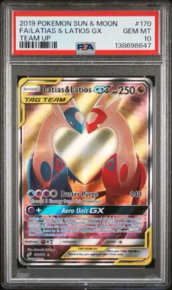 2019 POKEMON SUN & MOON TEAM UP #170 FULL ART/LATIAS & LATIOS GX PSA 10 New Cert - Image 1