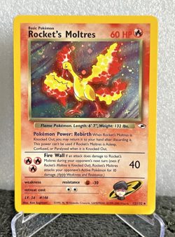 Rocket’s Moltres 12/132 Holo Gym Heroes WOTC Pokemon Card Strong LP - Image 2