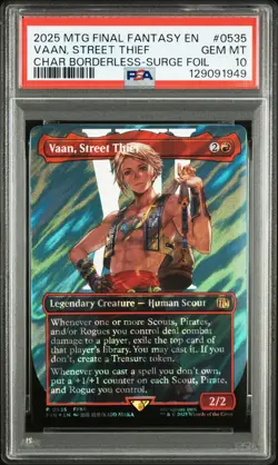 2025 MTG FINAL FANTASY CHARACTER BORDERLESS-SURGE FOIL VAAN, STREET THIEF PSA 10 - Image 1