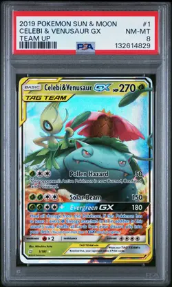 2019 POKEMON SUN & MOON TEAM UP #1 CELEBI & VENUSAUR GX PSA 8 - Image 1