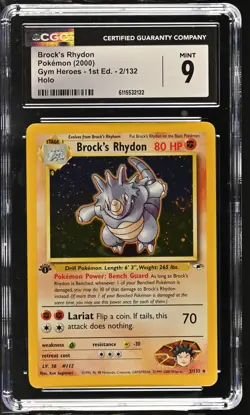 CGC 9 MINT Brock's Rhydon Gym Heroes 1st Edition 2/132 Holo SWIRL Pokemon Card - Image 1