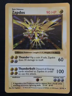 Zapdos 16/102 Shadowless Holo - Pokemon Base Set MP - Image 1