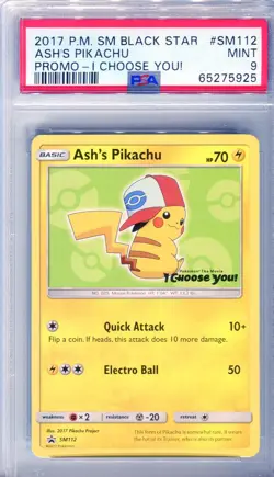 PSA 9 Ash's Pikachu SM112 Sun & Moon Black Star Promo I CHOOSE YOU! Pokemon 2017 - Image 1
