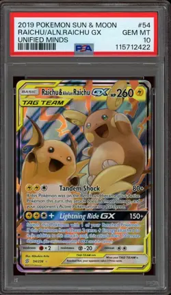 Pokemon PSA 10 Raichu & Alolan Raichu GX 54/236 Unified Minds Ultra Rare Mint - Image 1