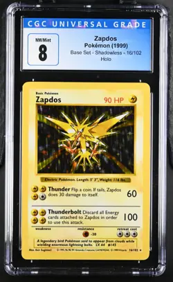 CGC 8 NM/Mint 1999 Base Set Zapdos 16/102 HOLO Shadowless Pokemon Card - Image 1