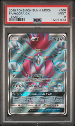 2019 POKEMON SUN & MOON TEAM UP #166 FULL ART/HOOPA GX PSA 9 - Image 1