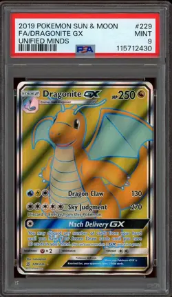 Pokemon PSA 9 Dragonite GX 229/236 Sun & Moon Unified Minds Full Art Rare Mint - Image 1