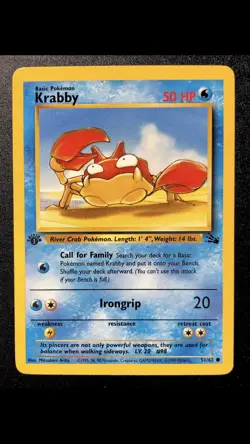 Vintage 1st Edition Krabby 51/62 Fossil NM English Pokemon Card 1999 - Image 1