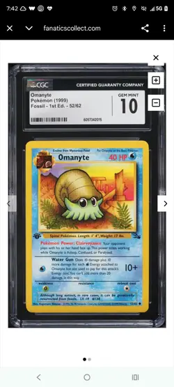 Pokemon Omanyte 52/62 Fossil 1st Edition 1999 Regular CGC Gem Mint 10 - Image 2