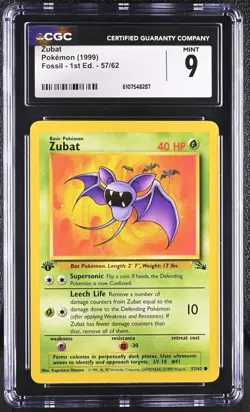 CGC MINT 9 Pokemon Zubat 57/62 1999 Fossil 1st Edition - Image 1