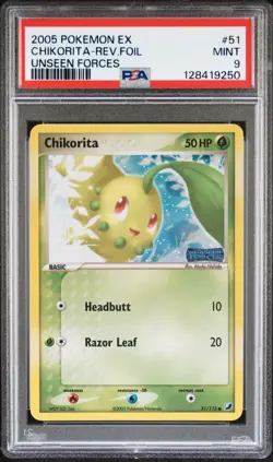 Pokemon Chikorita Reverse Holo EX Unseen Forces 51/115 PSA 9 - Image 1