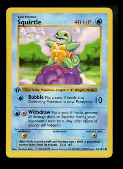 1st Edition Squirtle 63/102 Base Set SHADOWLESS 1999 Pokemon Card TCG - Image 1
