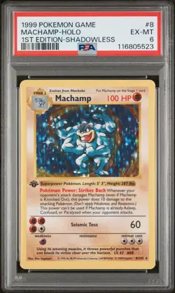 1999 POKEMON BASE SET 1ST EDITION-SHADOWLESS #8 MACHAMP-HOLO PSA 6 - Image 1