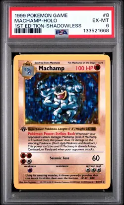1999 POKEMON BASE SET 1ST EDITION-SHADOWLESS #8 MACHAMP-HOLO PSA 6 - Image 1
