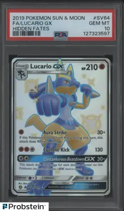 2019 Pokemon Sun & Moon Hidden Fates #SV64 FA Lucario GX PSA 10 - Image 1