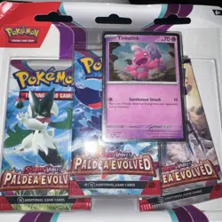 POKEMON - SCARLET & VIOLET PALDEA EVOLVED - Tinkatink 3 Pack Blister BRAND NEW - Image 1