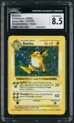 1999 Pokemon Base Set Shadowless Unlimited Raichu Holo Rare 14/102 CGC 8.5 - Image 1