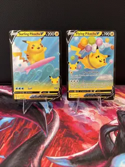 Pokemon TCG surfing Pikachu And Flying Pikachu V Pokemon Celebrations Holo - Image 1