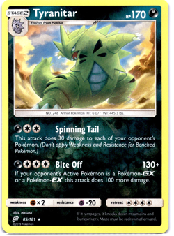 Pokemon TCG Tyranitar 85/181 Sm Team Up Reverse Holo Rare Near Mint - Image 1